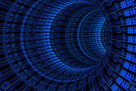 Blue binary code tunnel abstract background.